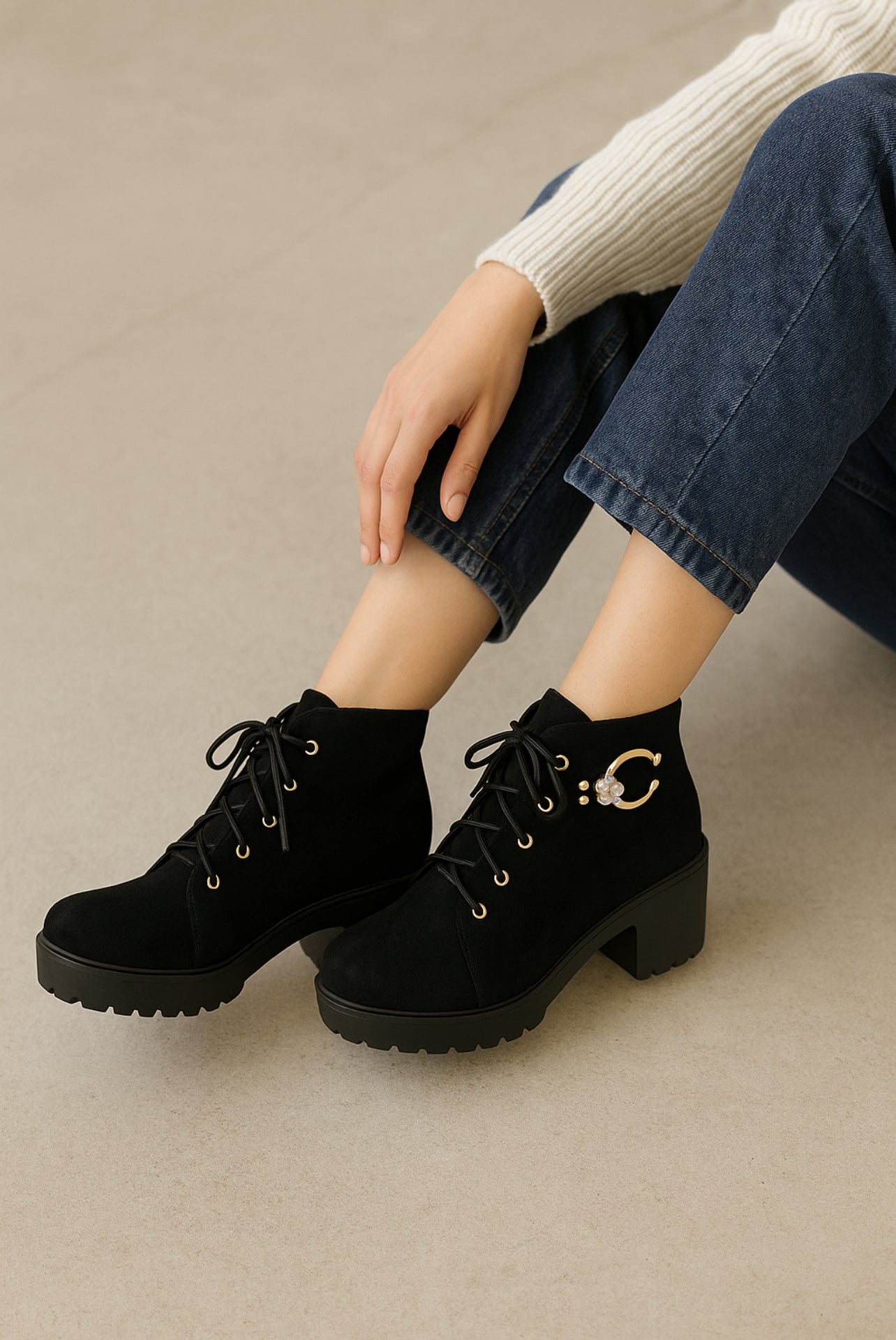 Stylish Black Suede Lace-Up Block Heel Ankle Boots for Women – Designer Pearl Embellishment