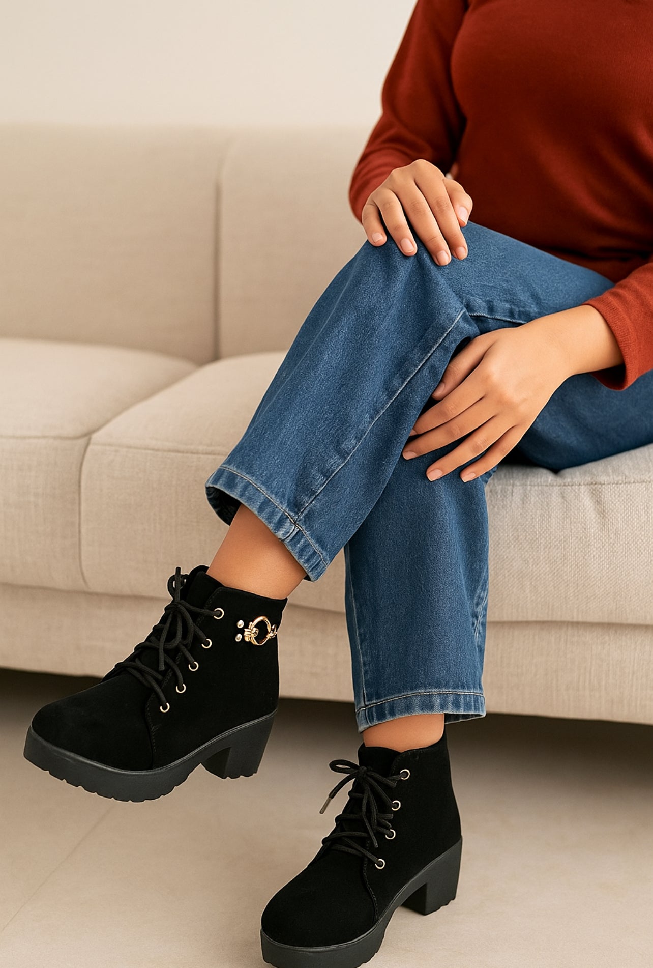 Stylish Black Suede Lace-Up Block Heel Ankle Boots for Women – Designer Pearl Embellishment