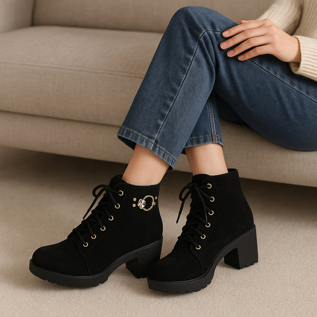 Stylish Black Suede Lace-Up Block Heel Ankle Boots for Women – Designer Pearl Embellishment