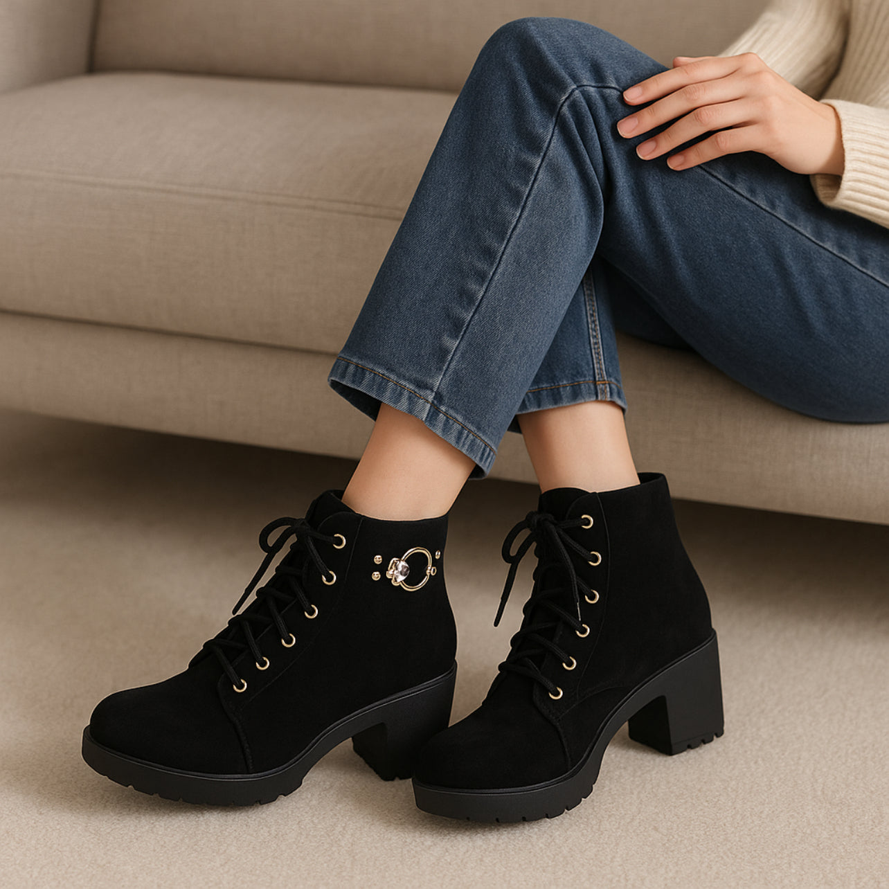 Stylish Black Suede Lace-Up Block Heel Ankle Boots for Women – Designer Pearl Embellishment