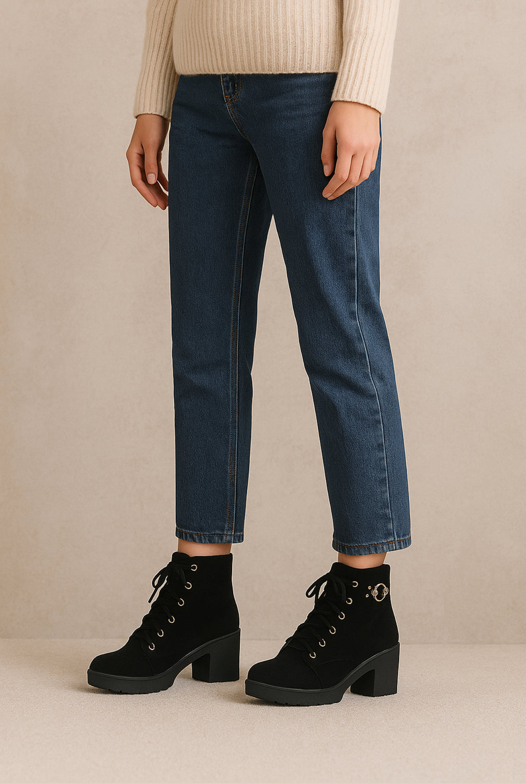 Stylish Black Suede Lace-Up Block Heel Ankle Boots for Women – Designer Pearl Embellishment