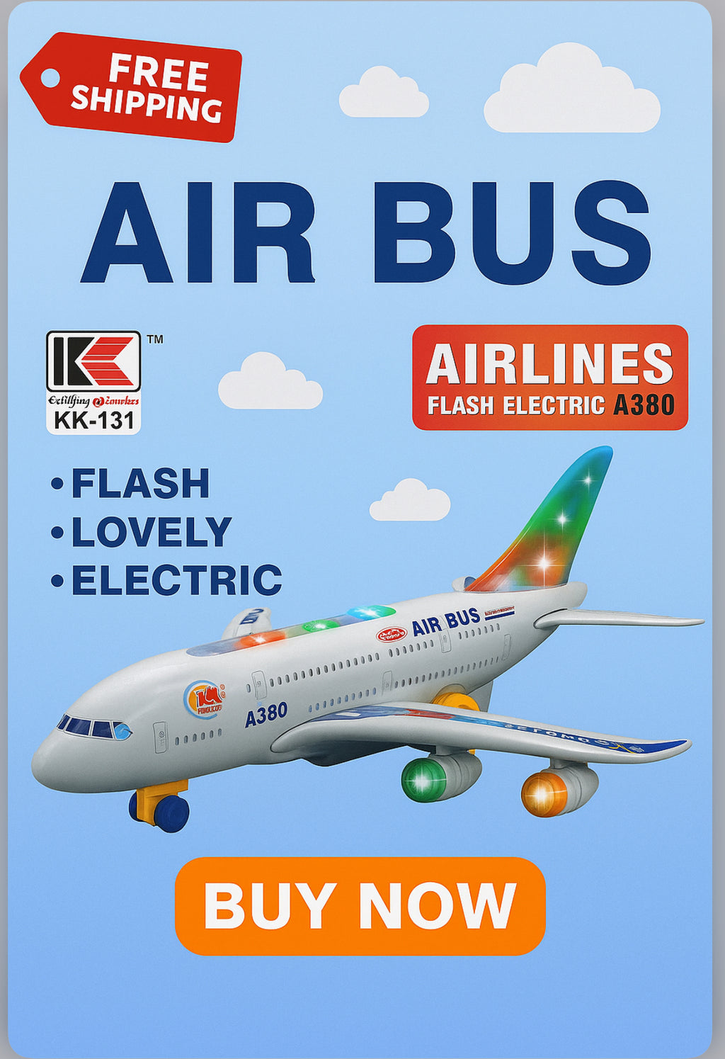 Electric Flashing Airbus A380 Toy Plane with Light & Sound – Battery Operated Moving Aircraft for Kids