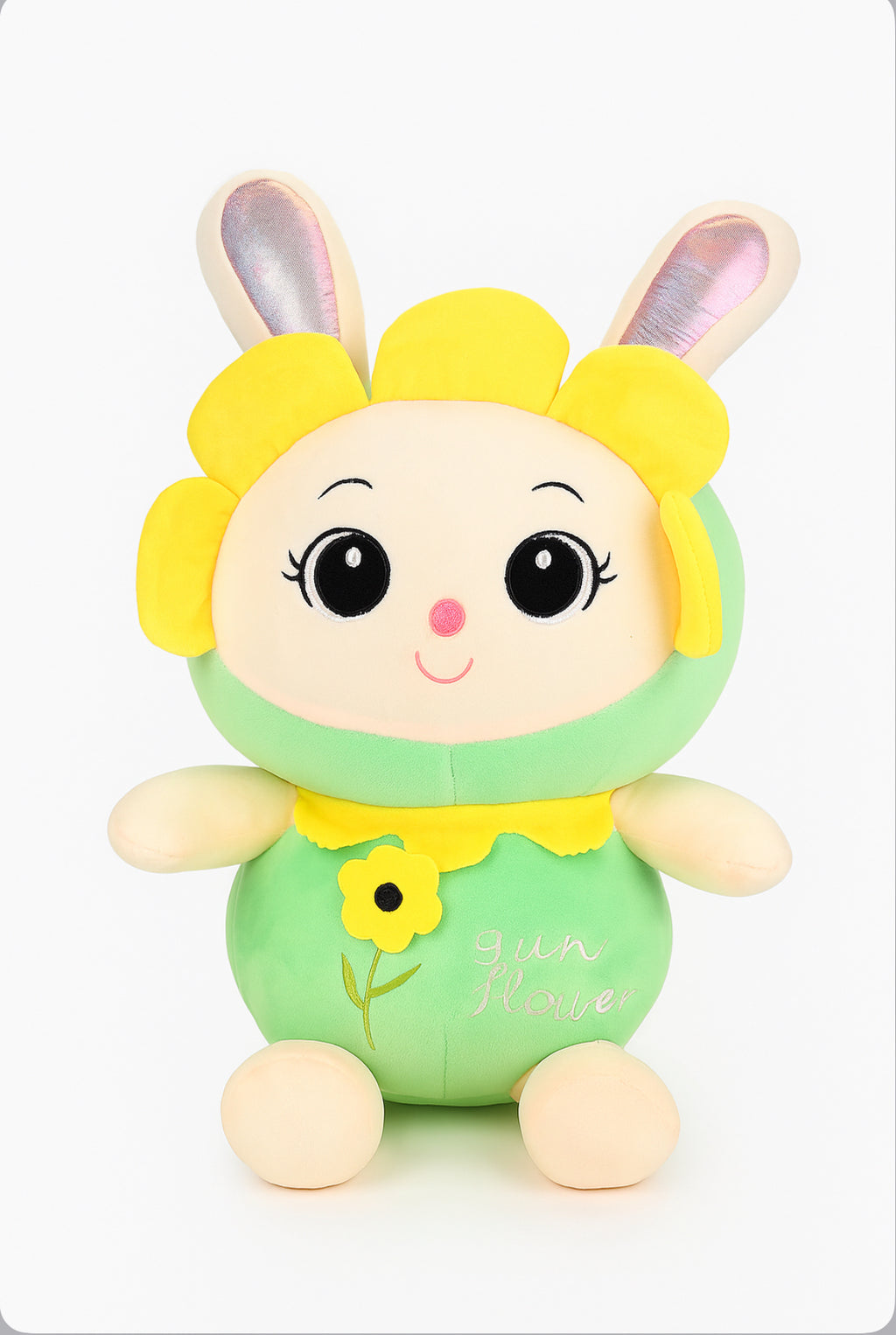 Cute Bunny Flower Plush Toy – Soft Stuffed Animal with Embroidered Details (Green & Yellow)
