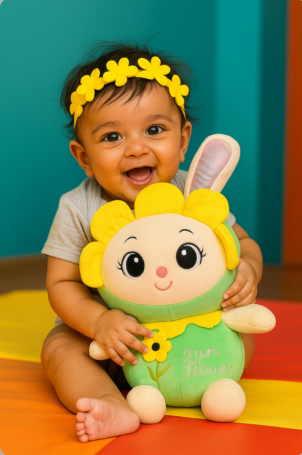 Cute Bunny Flower Plush Toy – Soft Stuffed Animal with Embroidered Details (Green & Yellow)