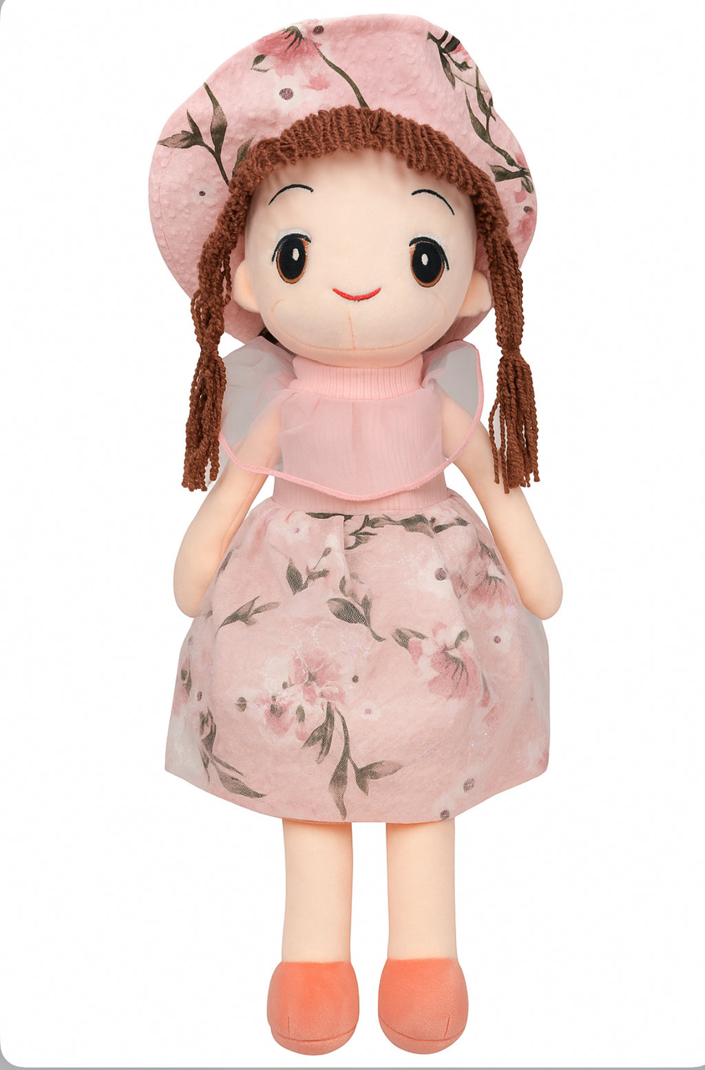 Soft Plush Doll in Floral Pink Dress and Hat – Stuffed Toy for Girls (Height: Approx. 16 Inches)