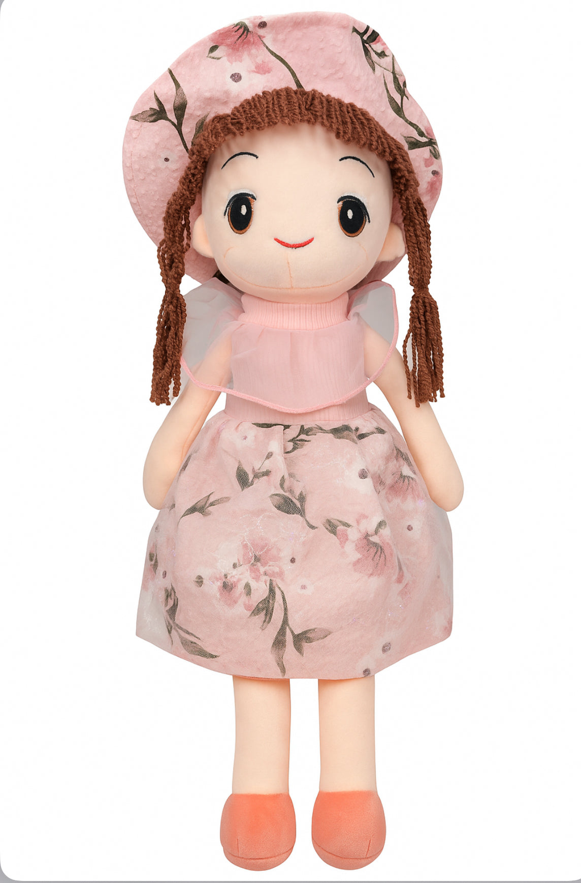 Soft Plush Doll in Floral Pink Dress and Hat – Stuffed Toy for Girls (Height: Approx. 16 Inches)