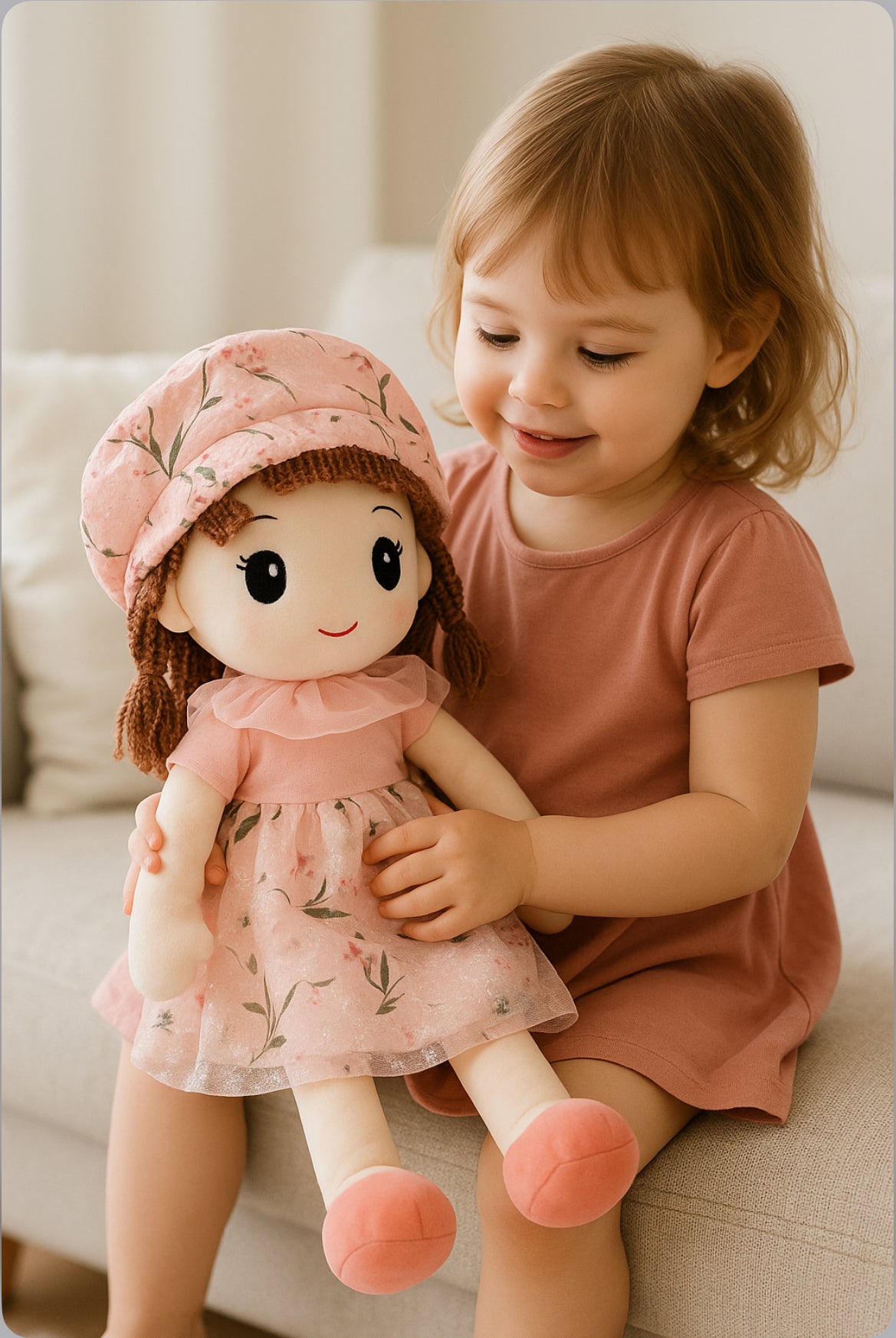 Soft Plush Doll in Floral Pink Dress and Hat – Stuffed Toy for Girls (Height: Approx. 16 Inches)