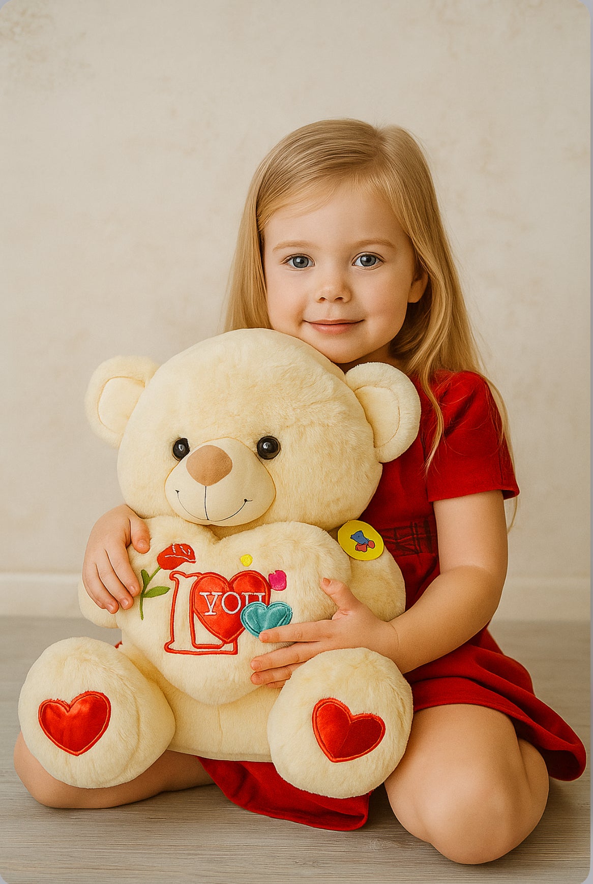 Cream Love You Teddy Bear – Soft Plush Toy with Heart Embroidery (Gift for Kids & Loved Ones)