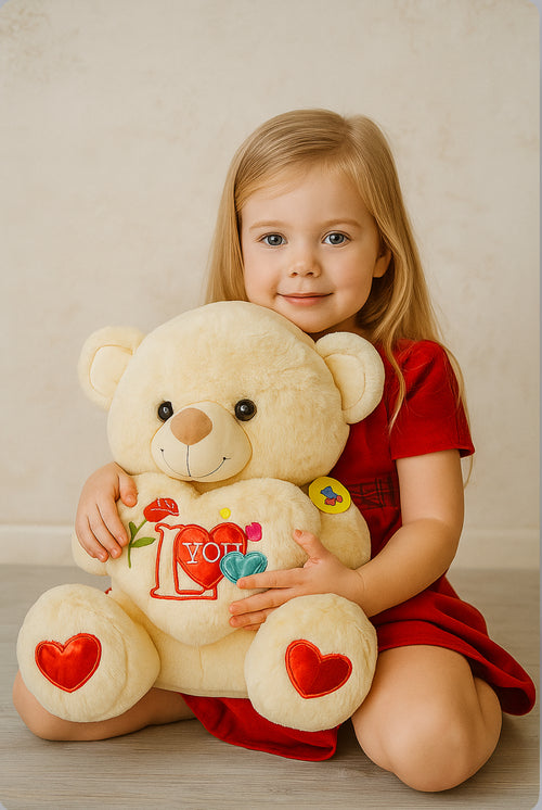 Cream Love You Teddy Bear – Soft Plush Toy with Heart Embroidery (Gift for Kids & Loved Ones)