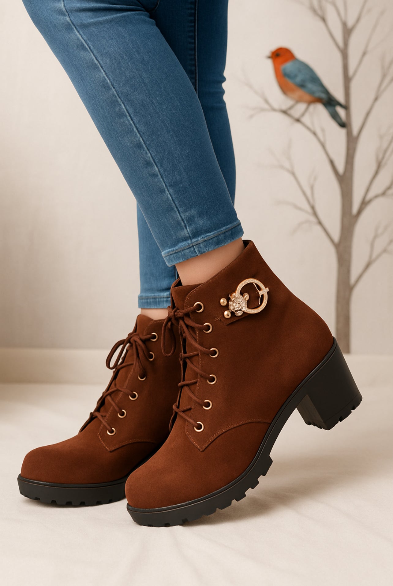 Women's Brown Suede Block Heel Ankle Boots with Lace-Up Design and Gold Embellishment