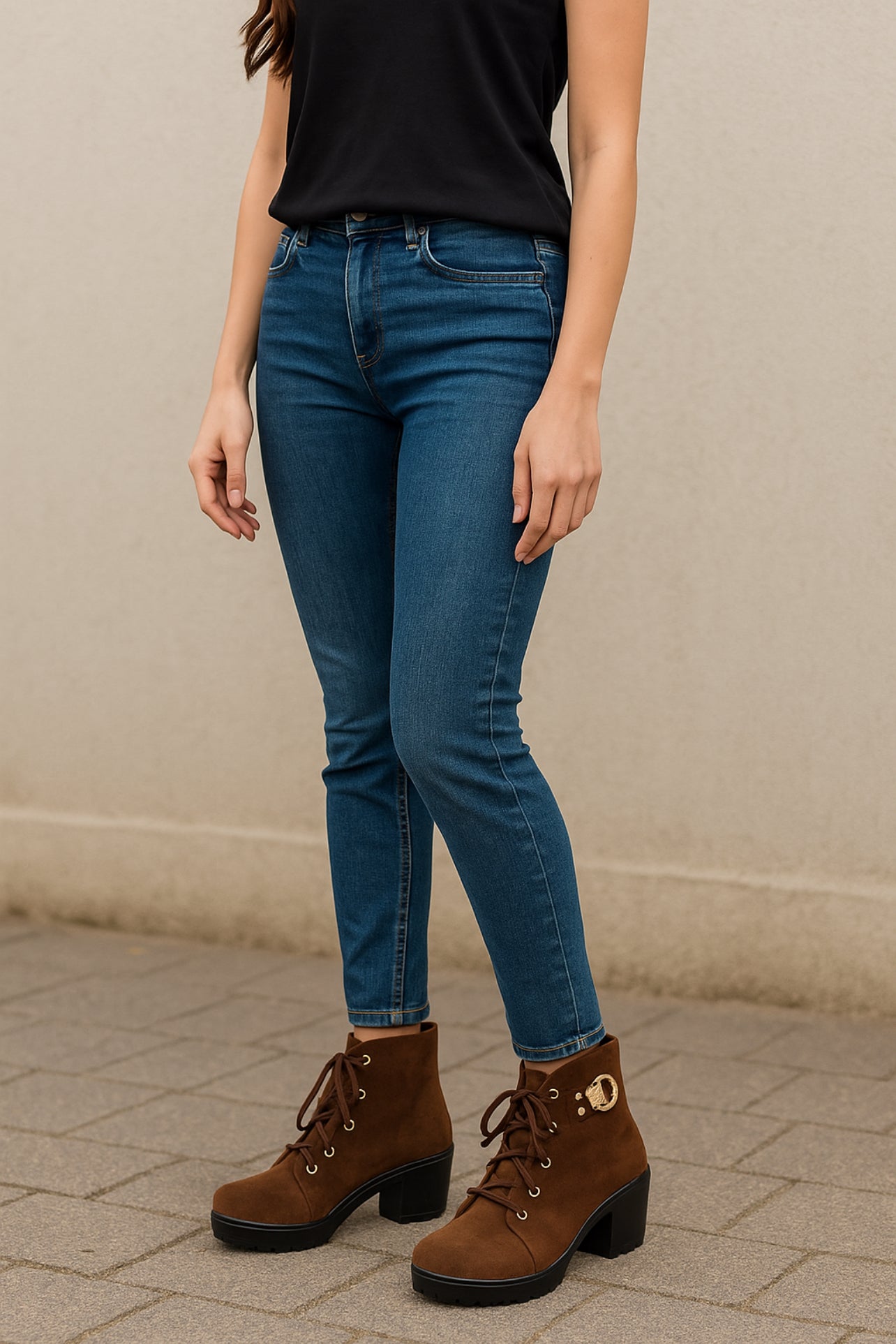 Women's Brown Suede Block Heel Ankle Boots with Lace-Up Design and Gold Embellishment